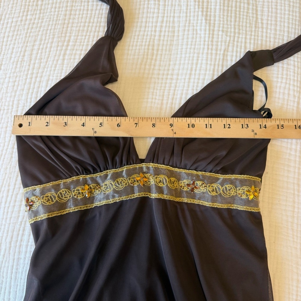 Y2K Venus USA Women's Brown Midi Halter Dress Lace Rhinestone Trim (M) VTG Bratz - Picture 6 of 6